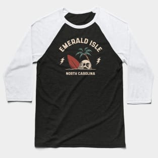 Vintage Surfing Emerald Isle North Carolina // Retro Surf Skull Baseball T-Shirt